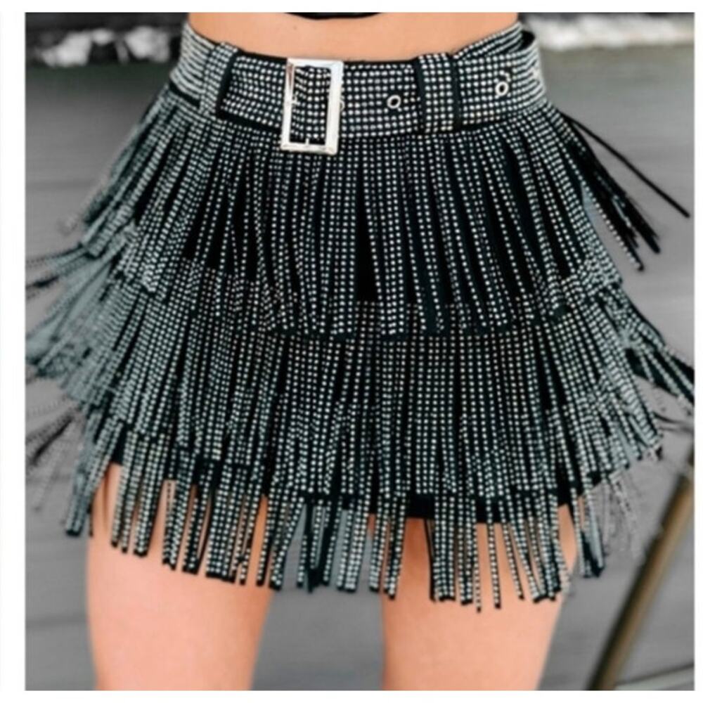 Black Fringe Mini Skirt
